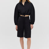 BLACK SATIN CREPE CAMPBELL BOMBER JACKET