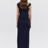 NAVY SATIN CREPE DEVIATION GOWN