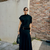 BLACK WOOL JERSEY BRACE SKIRT