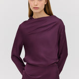 AUBERGINE SATIN CEZANNE LONG SLEEVE TOP