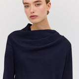 NAVY SATIN CREPE CEZANNE LONG SLEEVE TOP