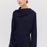 NAVY SATIN CREPE CEZANNE LONG SLEEVE TOP