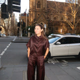 CHOCOLATE SATIN SUITING SURRENDER PANT