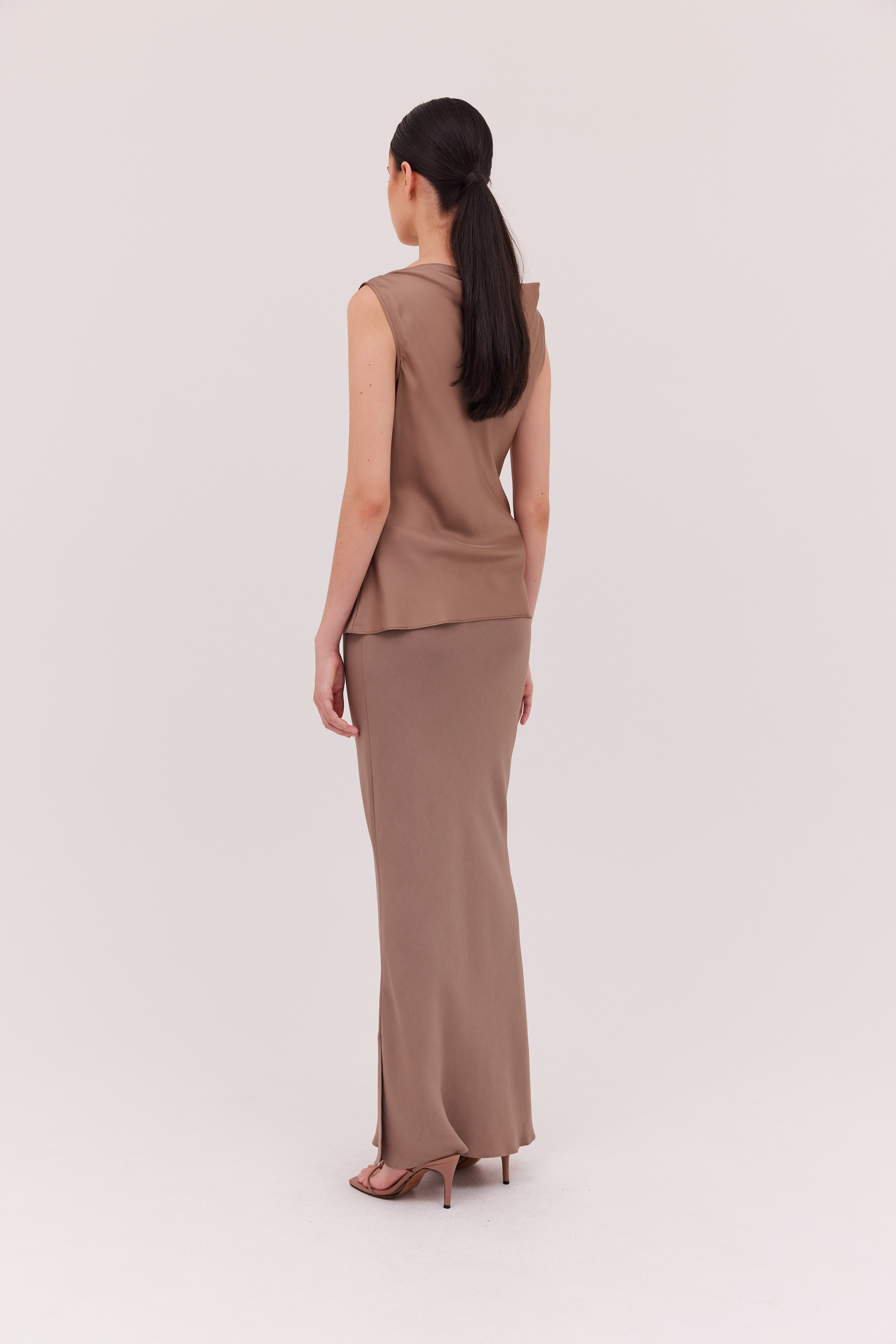 TAUPE SILK LINEAR TOP