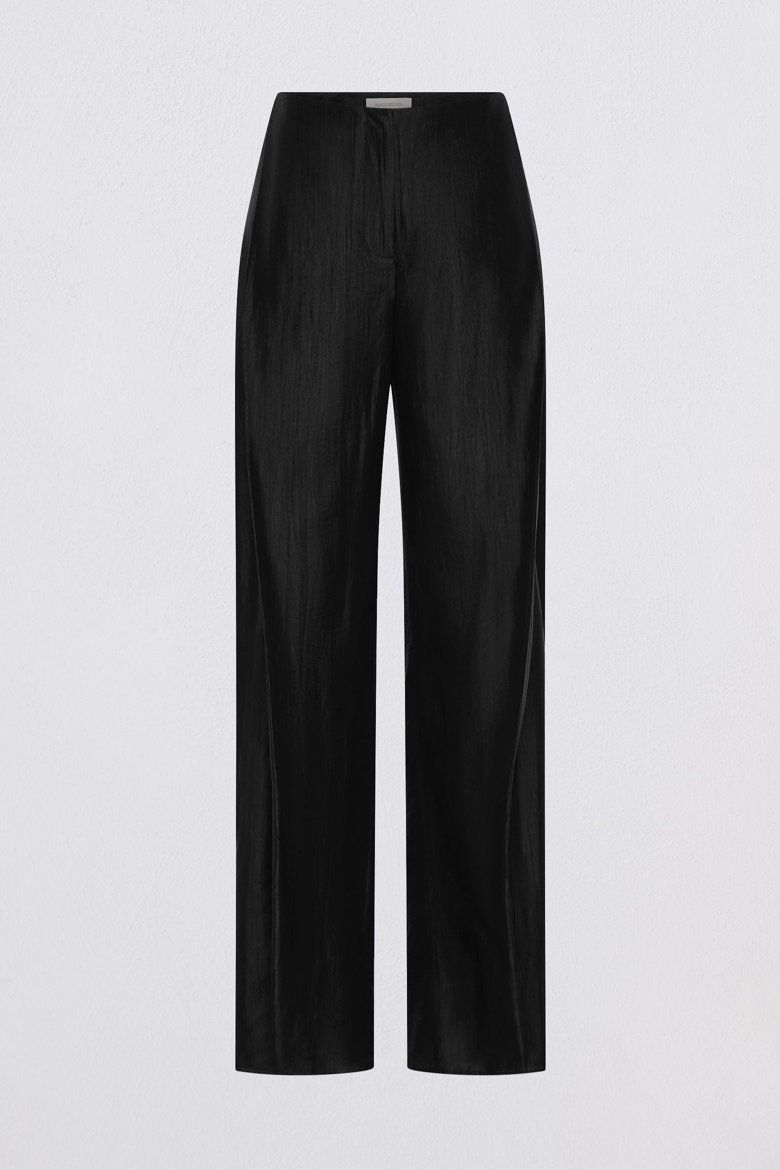 Black wide-leg trousers with a subtle vertical textured stripe pattern, shown flat against a light gray background.