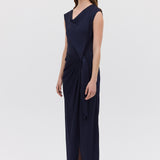 NAVY SATIN CREPE DEVIATION GOWN