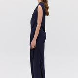 NAVY SATIN CREPE DEVIATION GOWN