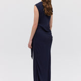 NAVY SATIN CREPE DEVIATION GOWN