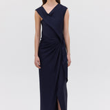 NAVY SATIN CREPE DEVIATION GOWN