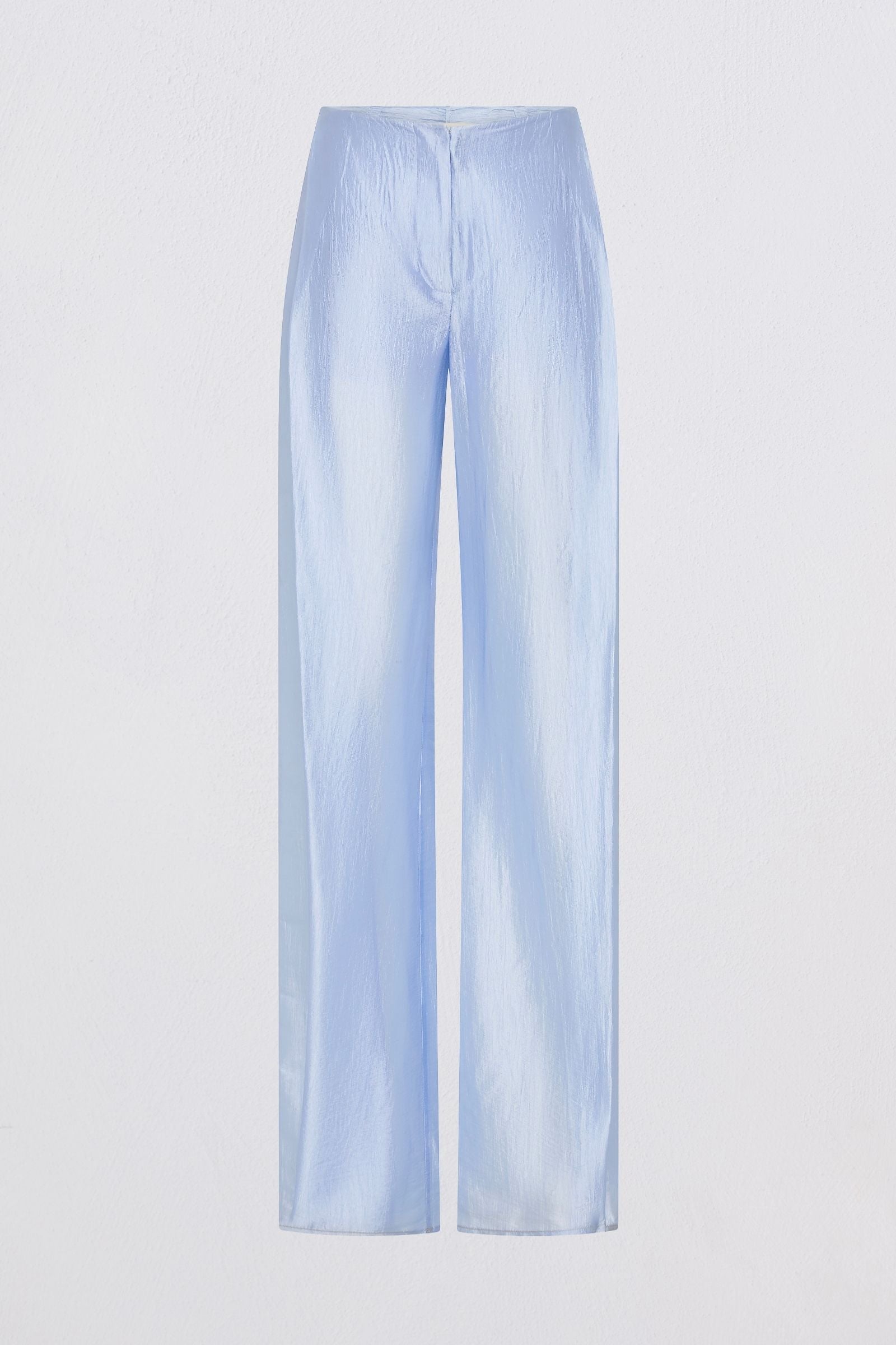 Light blue wide-leg trousers with a crinkled, textured fabric finish, shown against a plain white background.