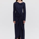NAVY SATIN CREPE MORI MIDI DRESS
