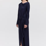 NAVY SATIN CREPE MORI MIDI DRESS
