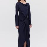 NAVY SATIN CREPE MORI MIDI DRESS