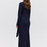 NAVY SATIN CREPE MORI MIDI DRESS