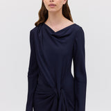 NAVY SATIN CREPE MORI MIDI DRESS