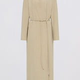 A beige long-sleeve midi coat with a mock neck and a matching waist tie belt, displayed on a headless mannequin against a plain white background.