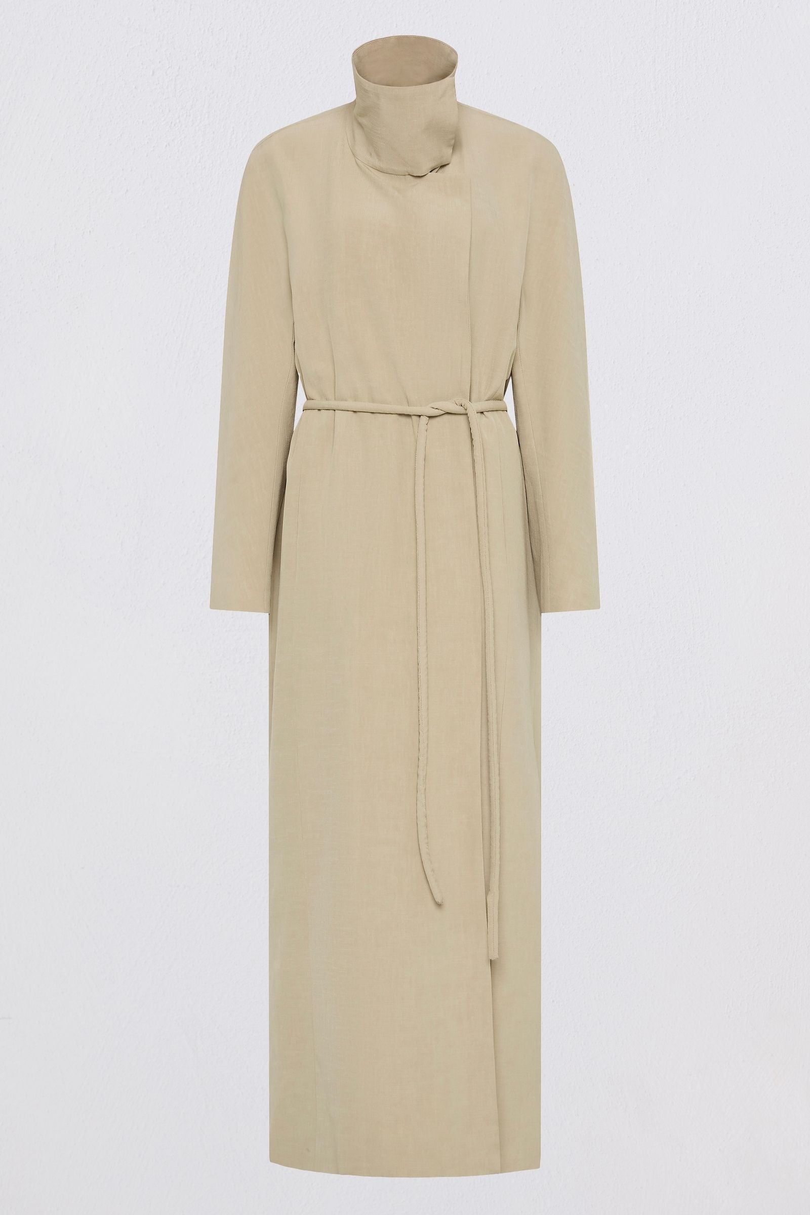A beige long-sleeve midi coat with a mock neck and a matching waist tie belt, displayed on a headless mannequin against a plain white background.