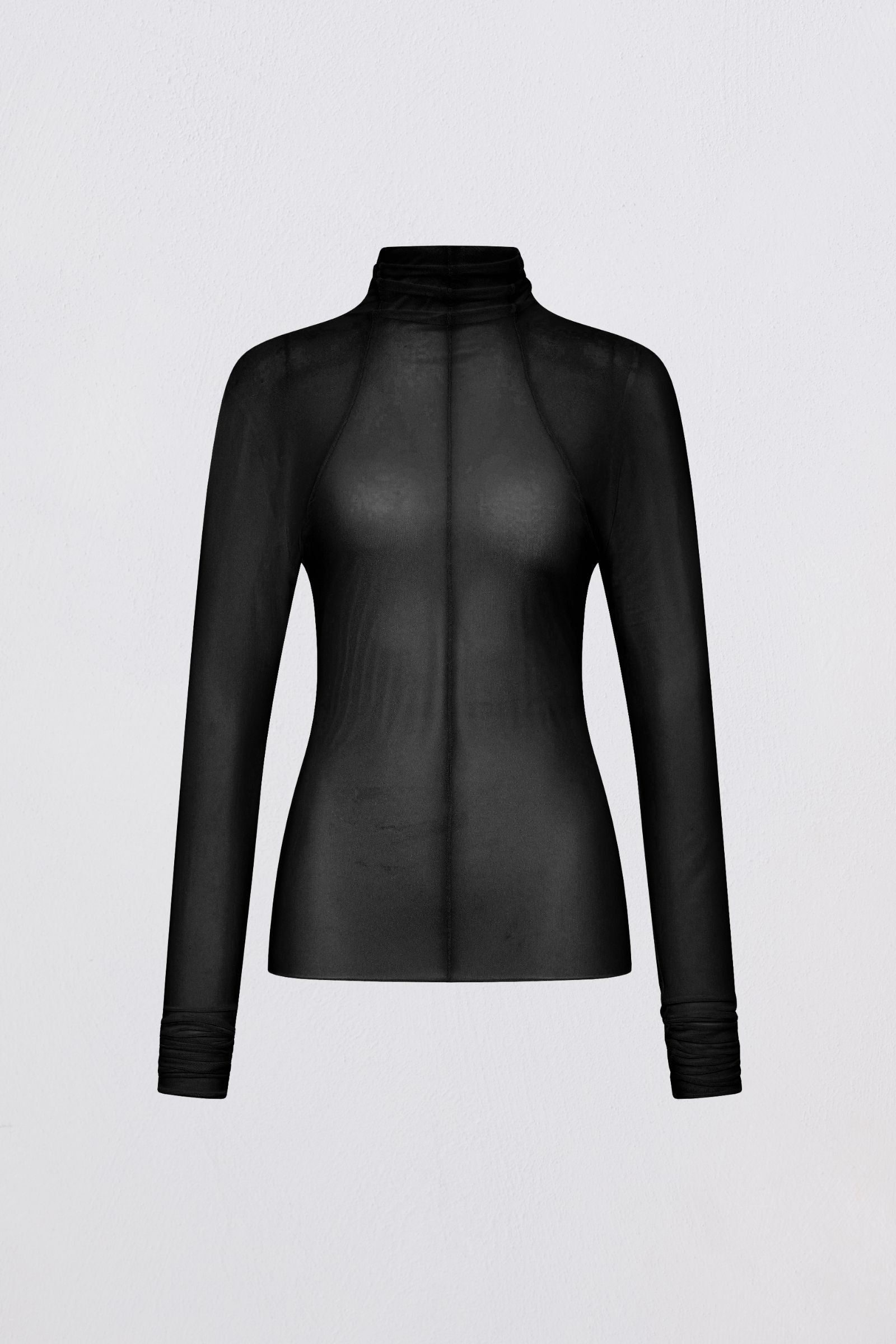 Black sheer long-sleeve top on a light gray background