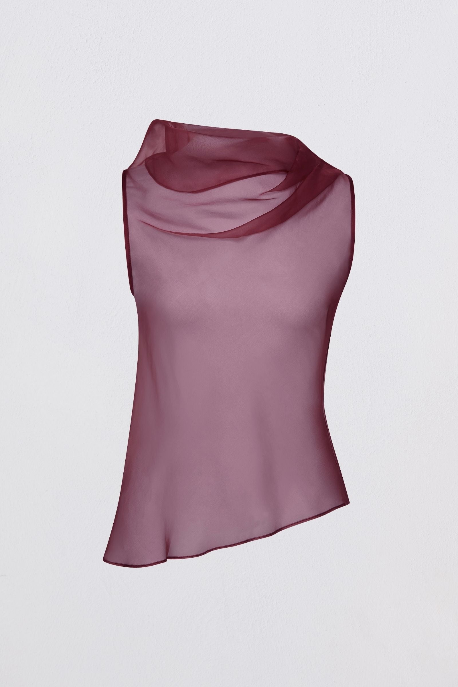 Detail of draped cowl neckline on plum organza Loom top.