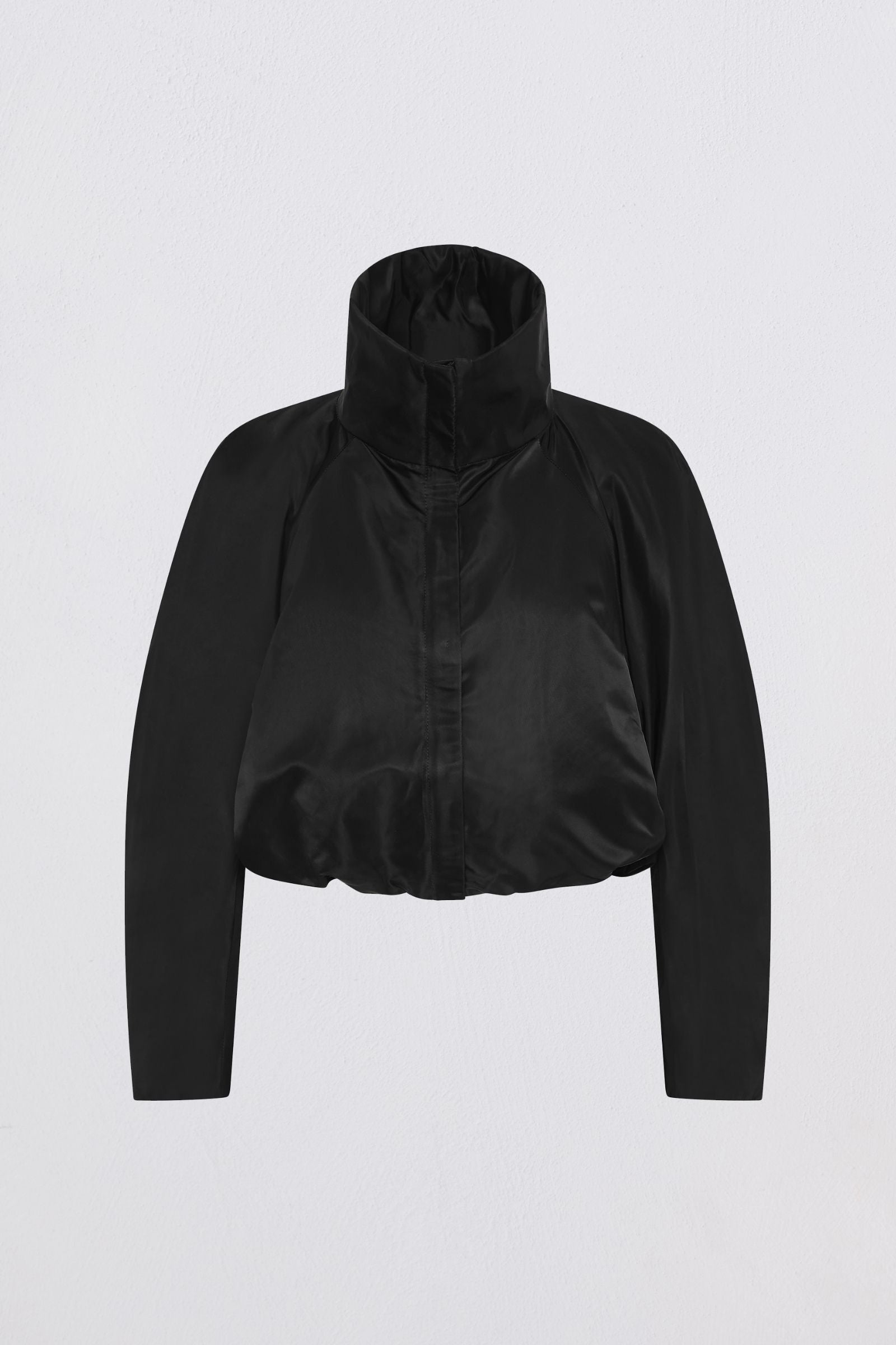 Black jacket with a high collar on a light gray background