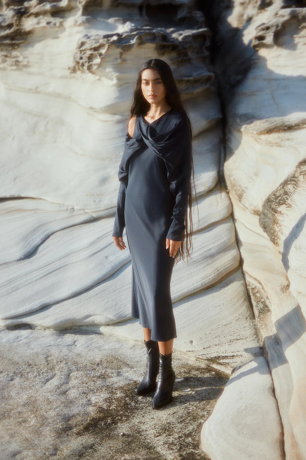 NAVY SATIN REGAS DRESS