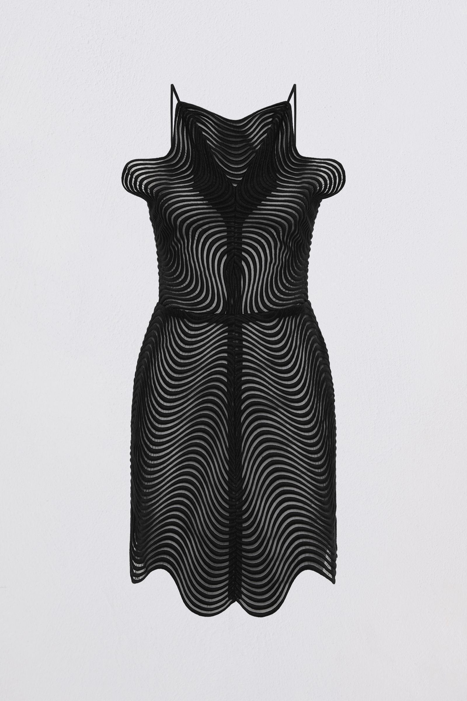 BLACK SCALLOPED LACE FLUX MINI DRESS