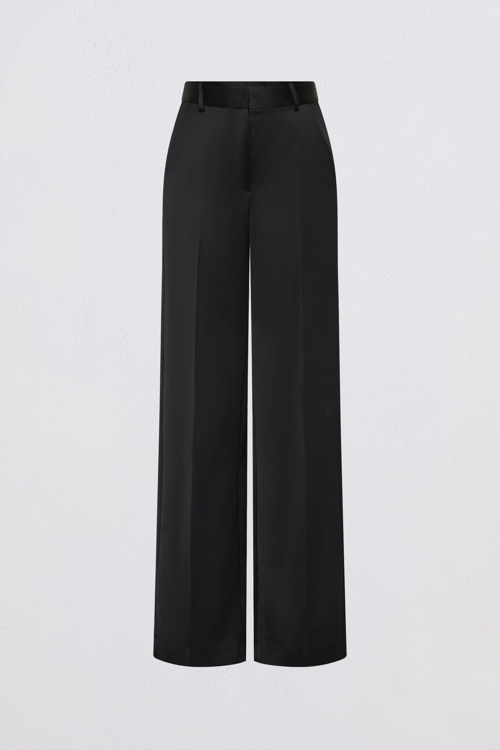 Black wide-leg pants on a light gray background