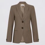 Brown blazer with two buttons on a light gray background