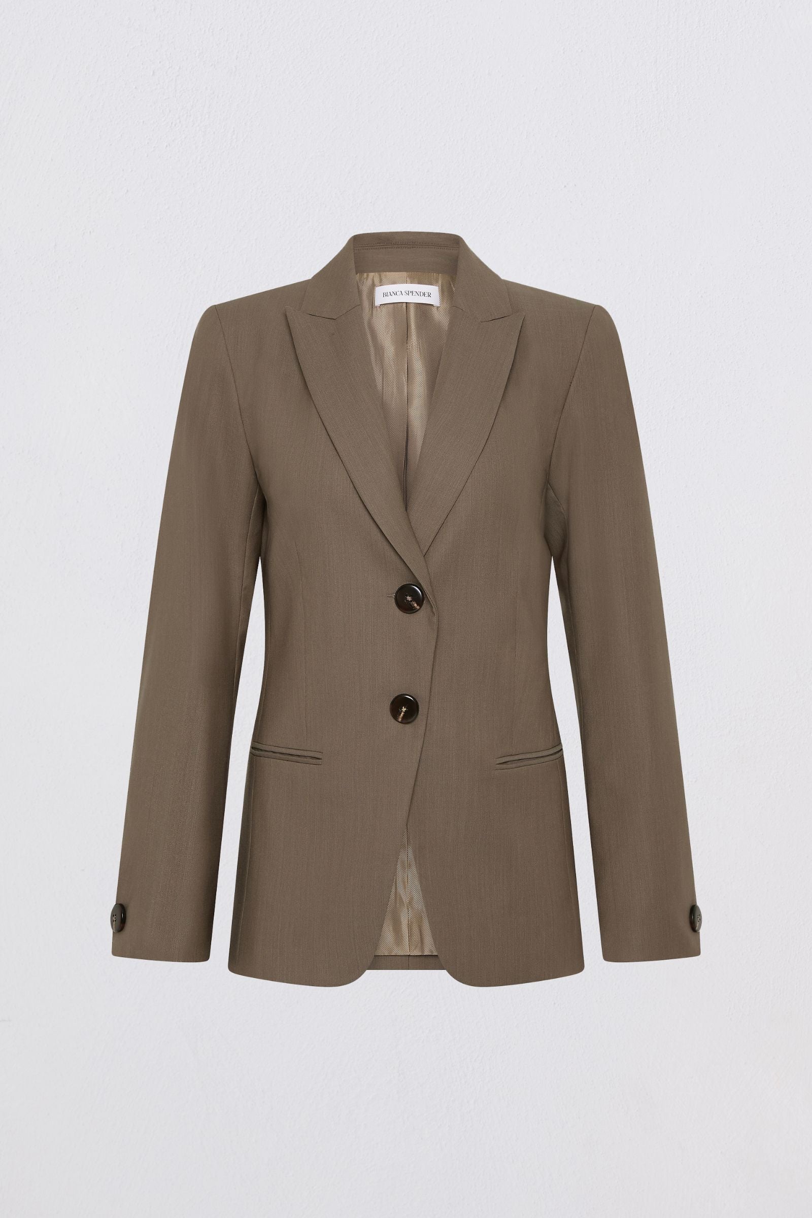 Brown blazer with two buttons on a light gray background