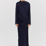 NAVY SATIN CREPE CEZANNE LONG SLEEVE TOP