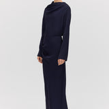 NAVY SATIN CREPE CEZANNE LONG SLEEVE TOP