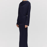 NAVY SATIN CREPE CEZANNE LONG SLEEVE TOP