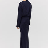 NAVY SATIN CREPE CEZANNE LONG SLEEVE TOP