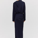 NAVY SATIN CREPE CEZANNE LONG SLEEVE TOP