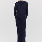 NAVY SATIN CREPE CEZANNE LONG SLEEVE TOP