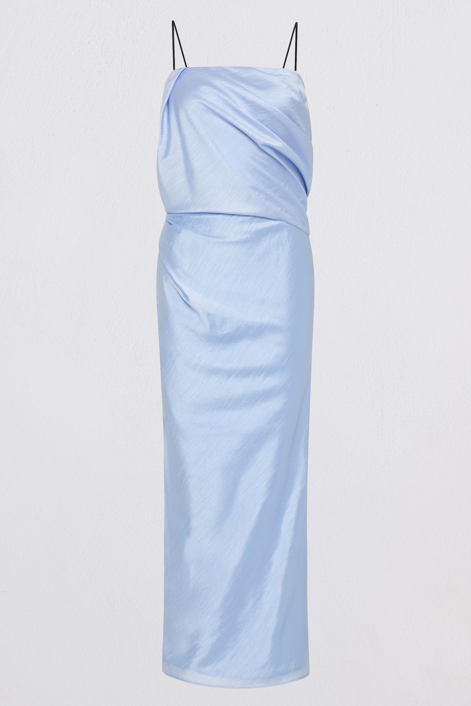 A light blue satin slip dress with thin black spaghetti straps, featuring a draped, gathered bodice and a flowing skirt, shown against a plain white background.