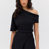 BLACK WOOL JERSEY ENCLOSE DRESS