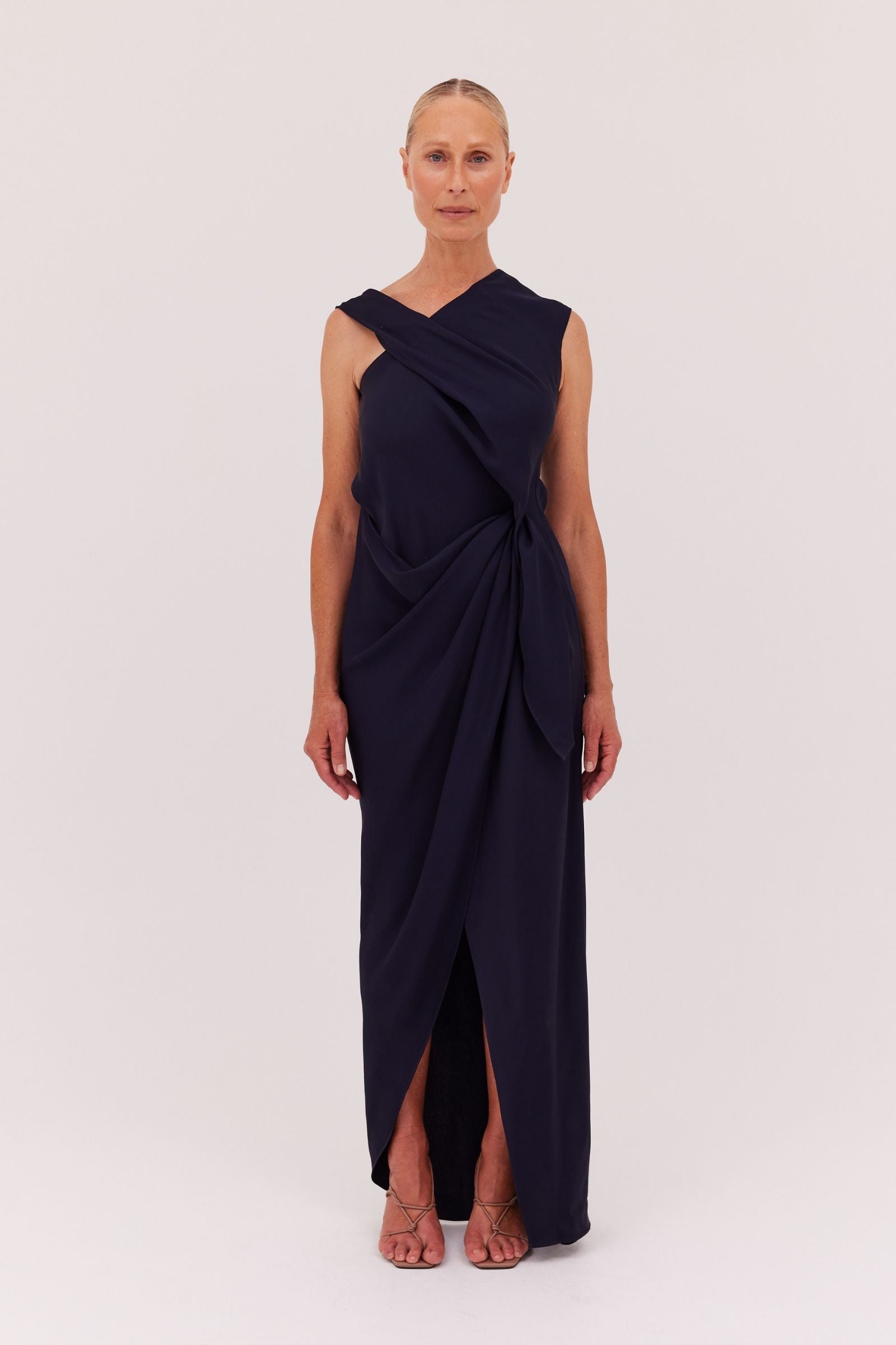 NAVY SATIN CREPE DEVIATION GOWN