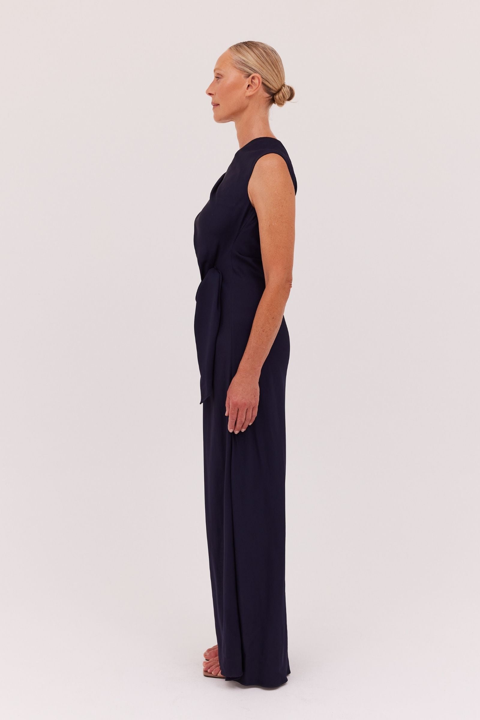 NAVY SATIN CREPE DEVIATION GOWN