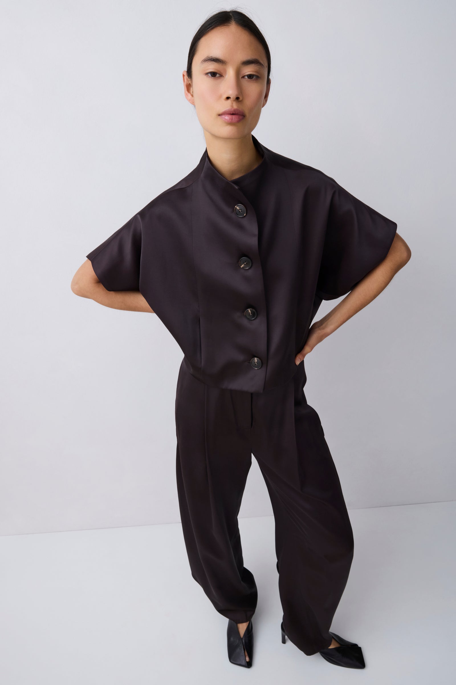 CHOCOLATE SATIN SUITING MUTUAL JACKET