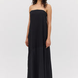 BLACK SATIN BROKEN COLUMN DRESS