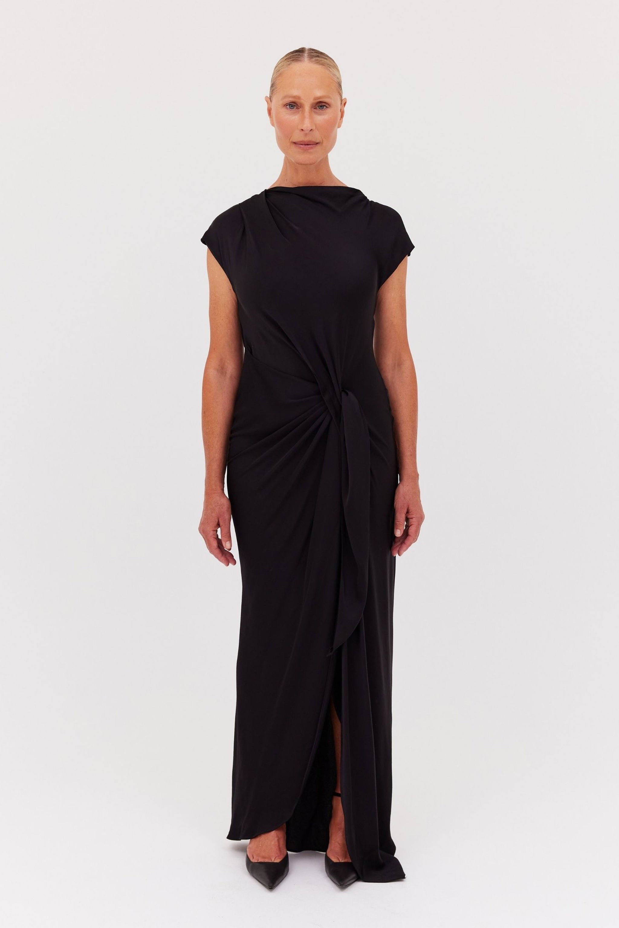 BLACK SATIN CREPE EVA DRESS