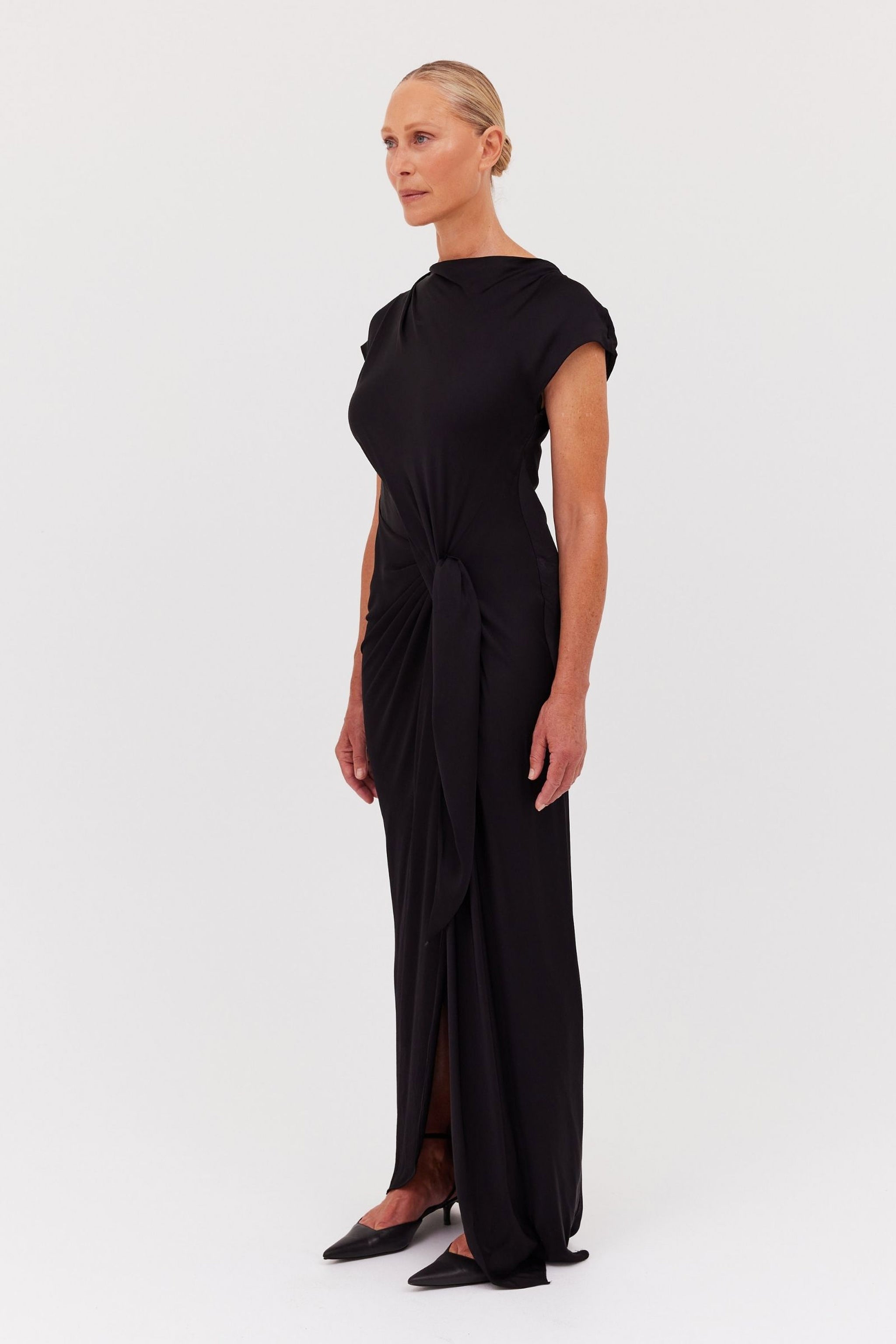 BLACK SATIN CREPE EVA DRESS