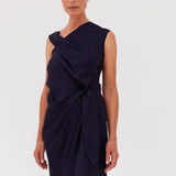 NAVY SATIN CREPE DEVIATION GOWN