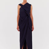 NAVY SATIN CREPE DEVIATION GOWN