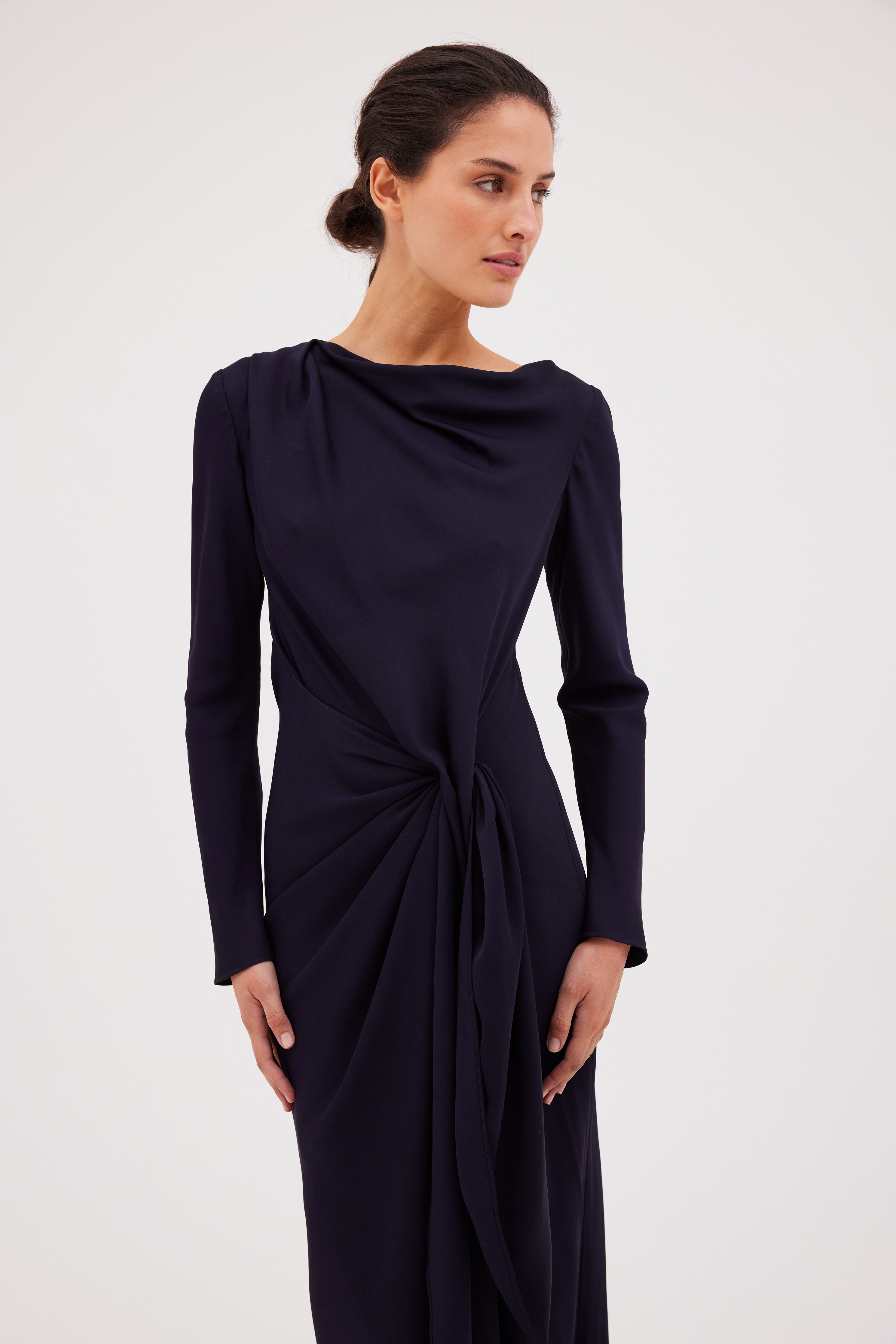 NAVY SATIN CREPE MORI MIDI DRESS