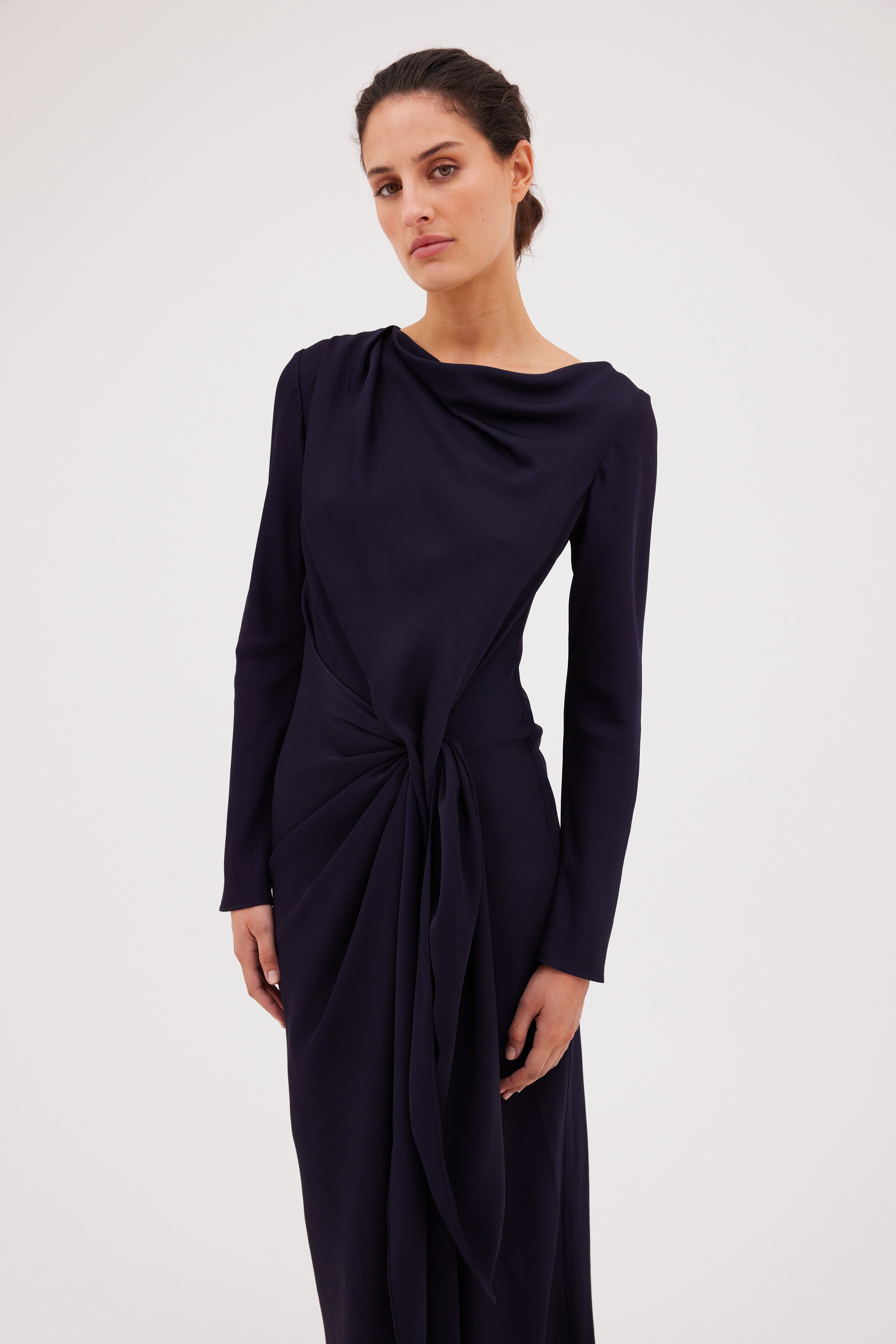 NAVY SATIN CREPE MORI MIDI DRESS