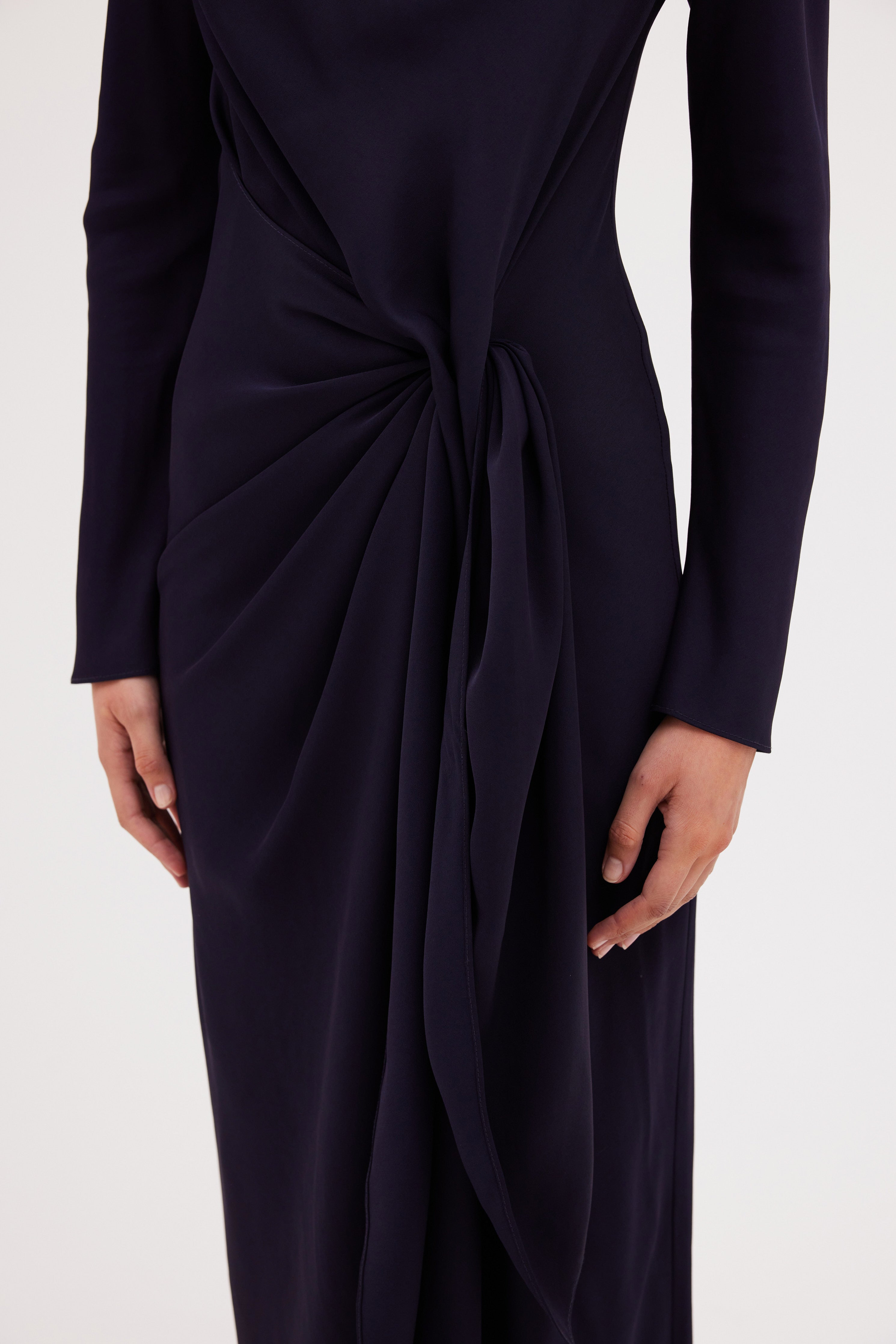 NAVY SATIN CREPE MORI MIDI DRESS