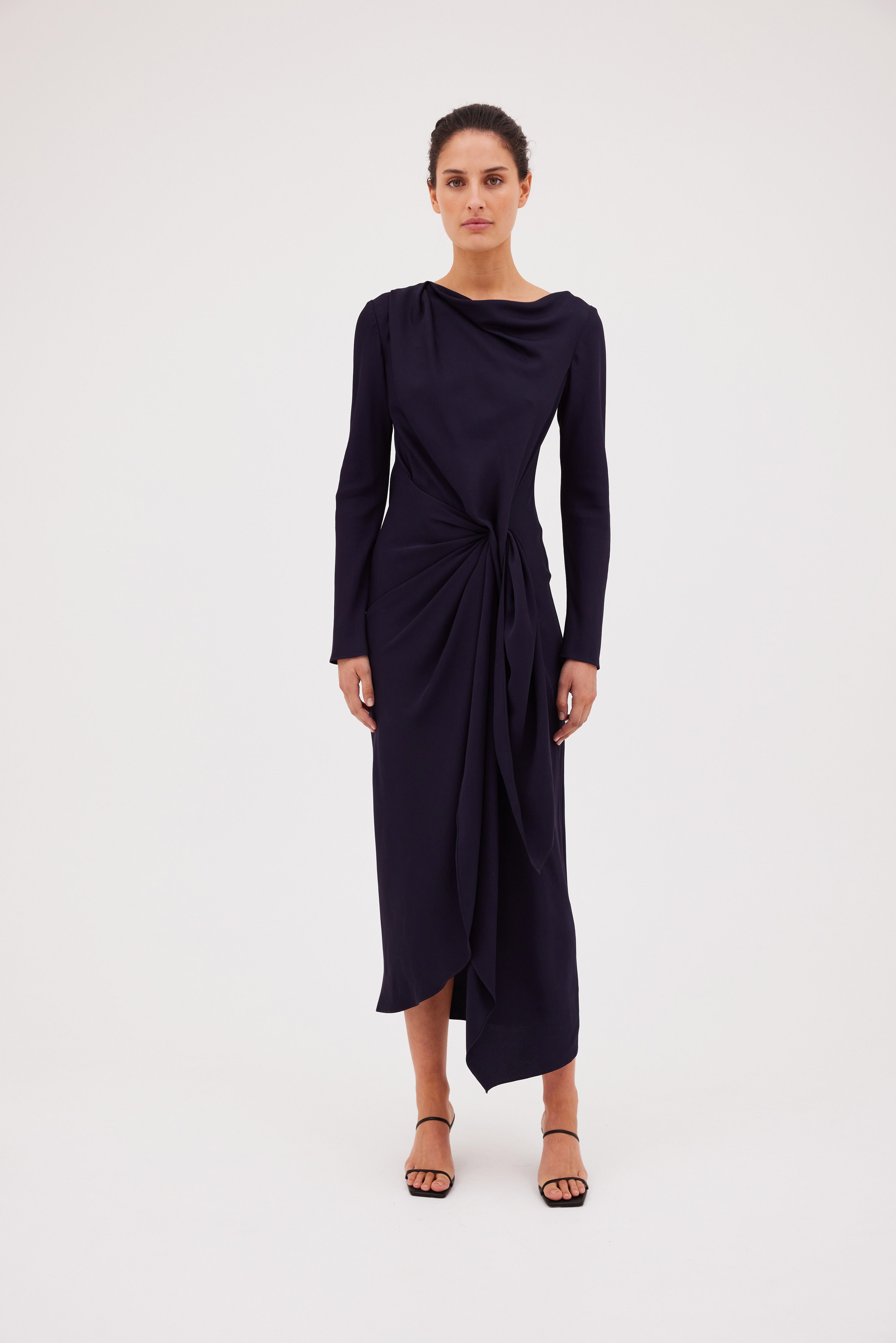 NAVY SATIN CREPE MORI MIDI DRESS