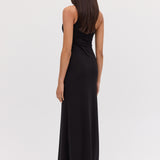 BLACK JERSEY ASYMMETRIC SLIP DRESS